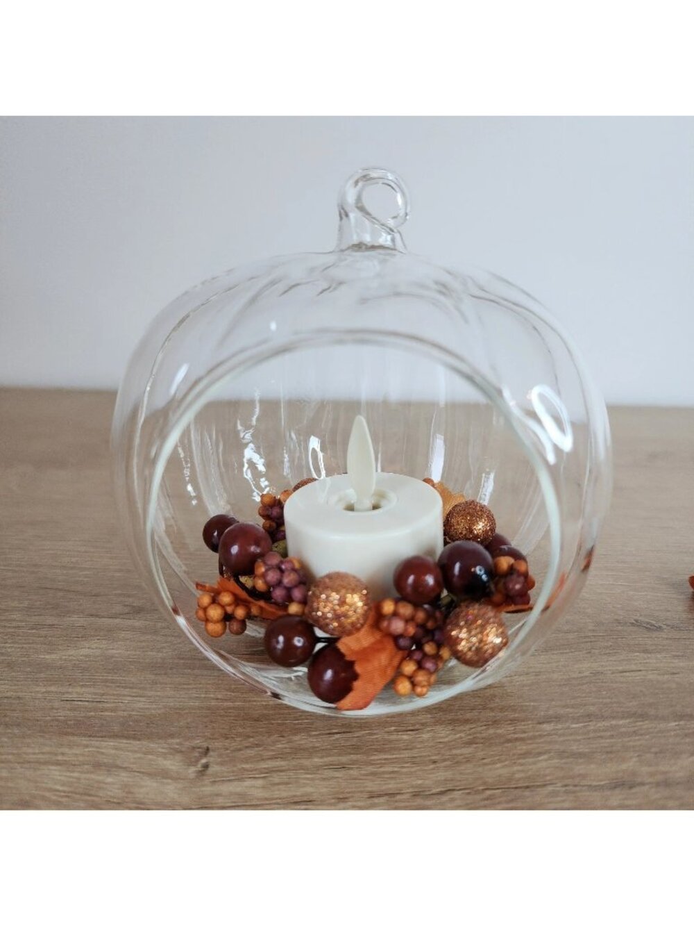 Luminara Set 3 Berry Fall Pumpkin Glass Ornament Flameless Effect Tealite Remote